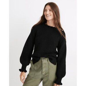 Ruffle-neck Pullover Sweater In Cotton-merino Yarn black